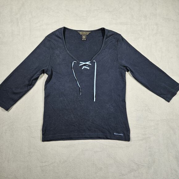 Vtg Abercrombie & Fitch Baby Tee Womens Size L Blue Lace Up Y2K 3/4 Sleeve Top - Picture 1 of 10